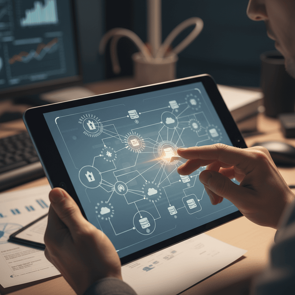 Close-up of expert hands analyzing network diagram on tablet displaying threat detection visualization and infrastructure mapping.